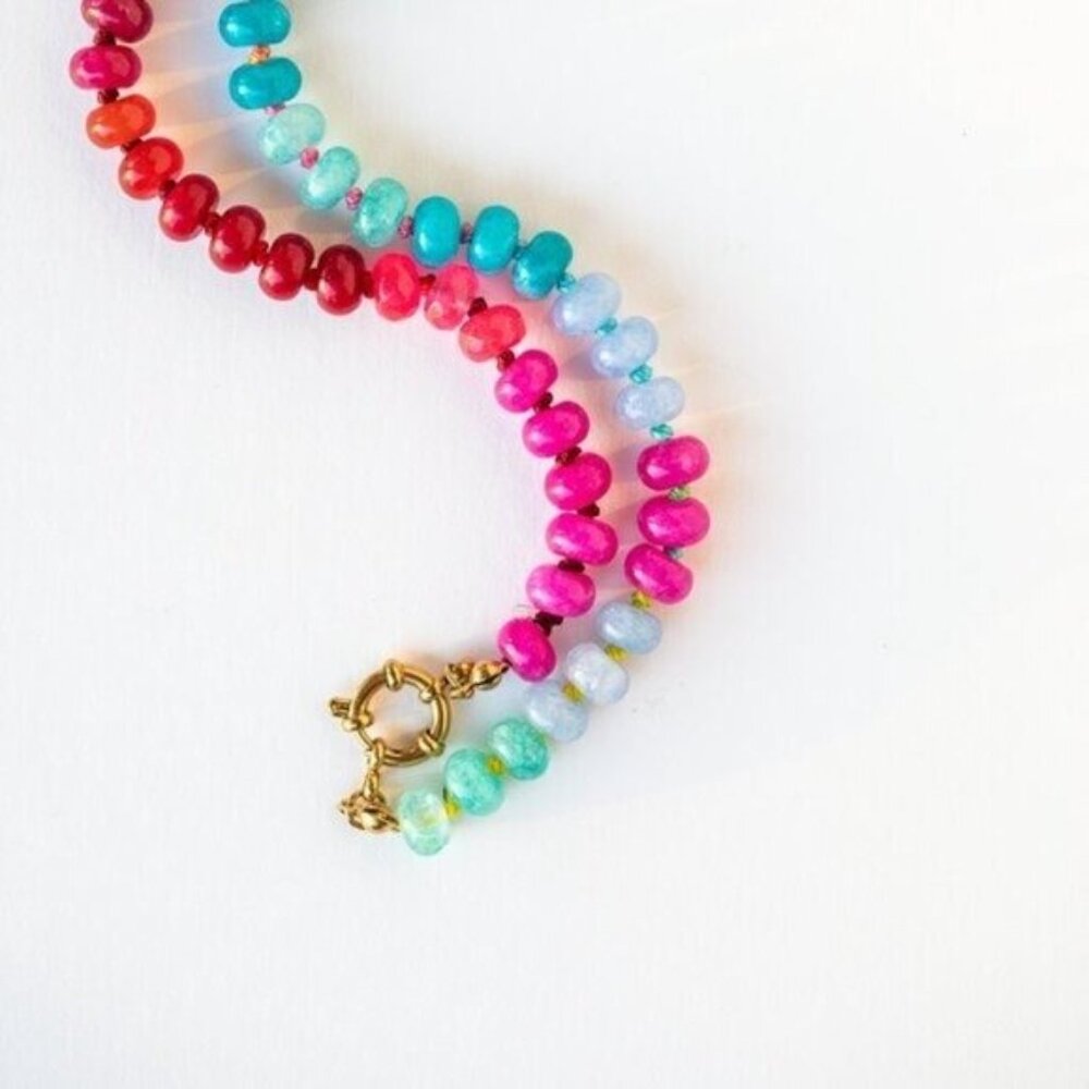 Rainbow Crystal Beaded Necklace 18K Gold Toggle Waterproof Boho Layering Jewelry - Picture 12 of 16